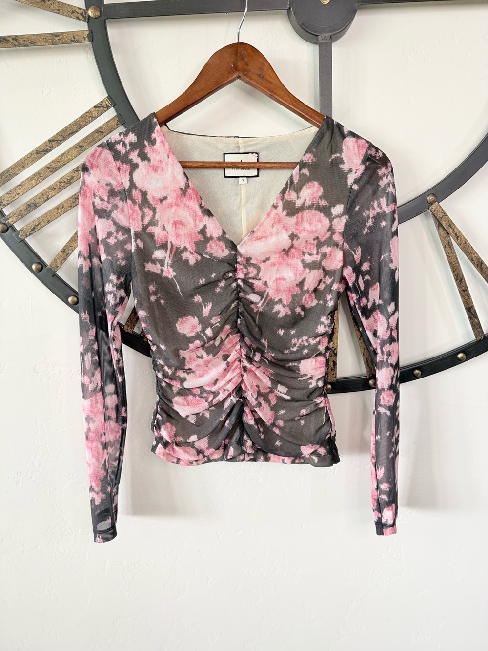 Tuckernuck Pink and Gray Ruched V-Neck Long Sleeve Top